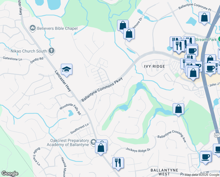 map of restaurants, bars, coffee shops, grocery stores, and more near 14410 Ballantyne Meadows Drive in Charlotte