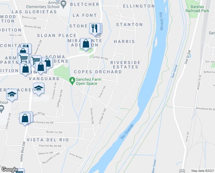 map of restaurants, bars, coffee shops, grocery stores, and more near 1200 Rosie Court Southwest in Albuquerque