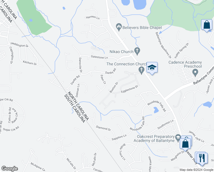 map of restaurants, bars, coffee shops, grocery stores, and more near 13913 Eden Court in Pineville