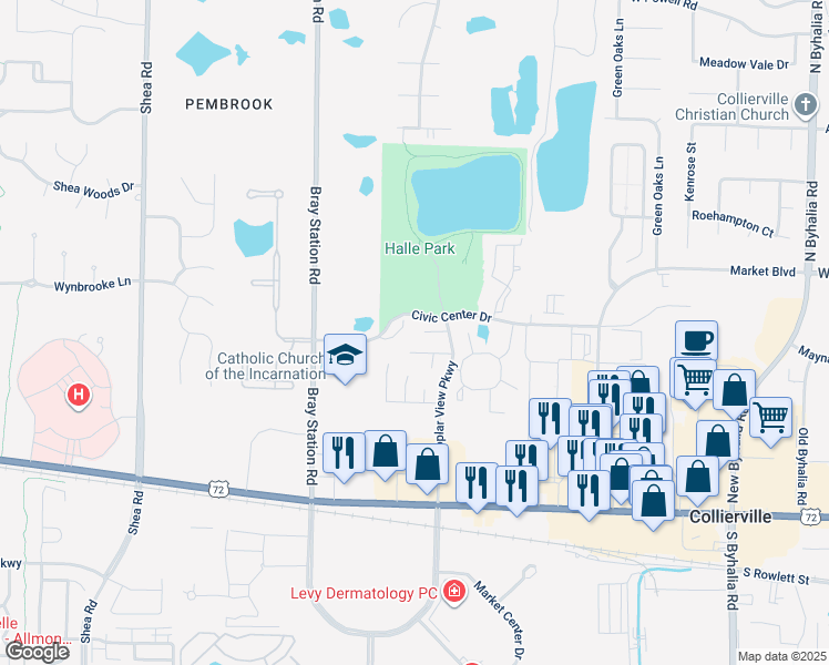 map of restaurants, bars, coffee shops, grocery stores, and more near 1172 Junco Cove in Collierville
