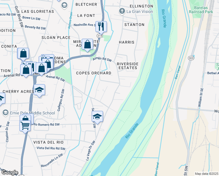 map of restaurants, bars, coffee shops, grocery stores, and more near 1200 Rosie Court Southwest in Albuquerque