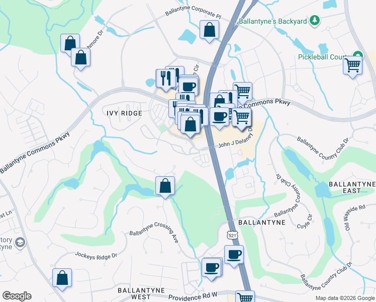 map of restaurants, bars, coffee shops, grocery stores, and more near 14840 John J Delaney Drive in Charlotte