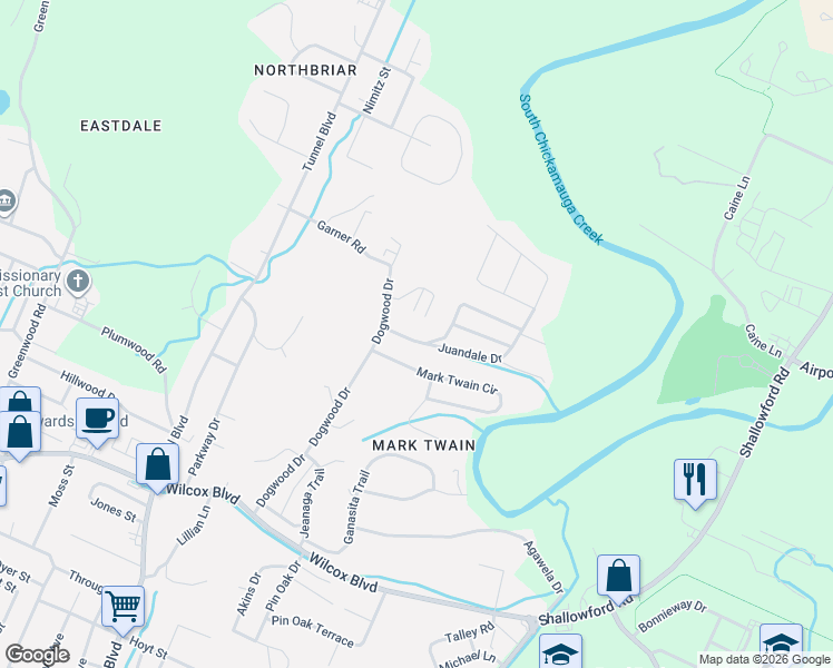 map of restaurants, bars, coffee shops, grocery stores, and more near 3715 Rollingwood Drive in Chattanooga
