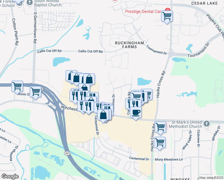 map of restaurants, bars, coffee shops, grocery stores, and more near 7838 Gateway Inlet in Memphis