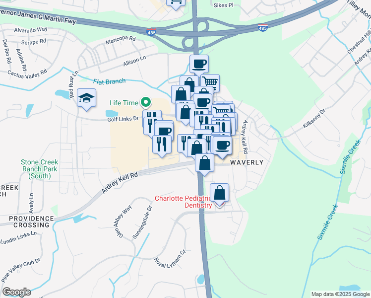 map of restaurants, bars, coffee shops, grocery stores, and more near 11530 Providence Road in Charlotte