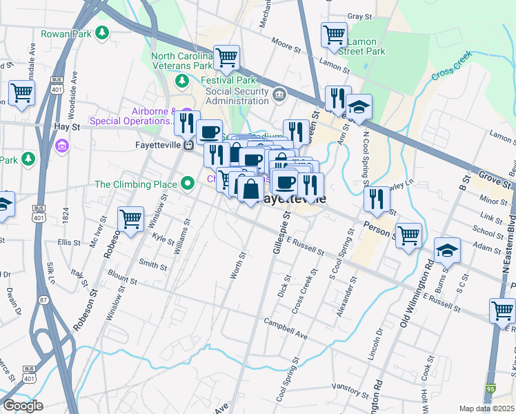 map of restaurants, bars, coffee shops, grocery stores, and more near 201 Franklin Street in Fayetteville