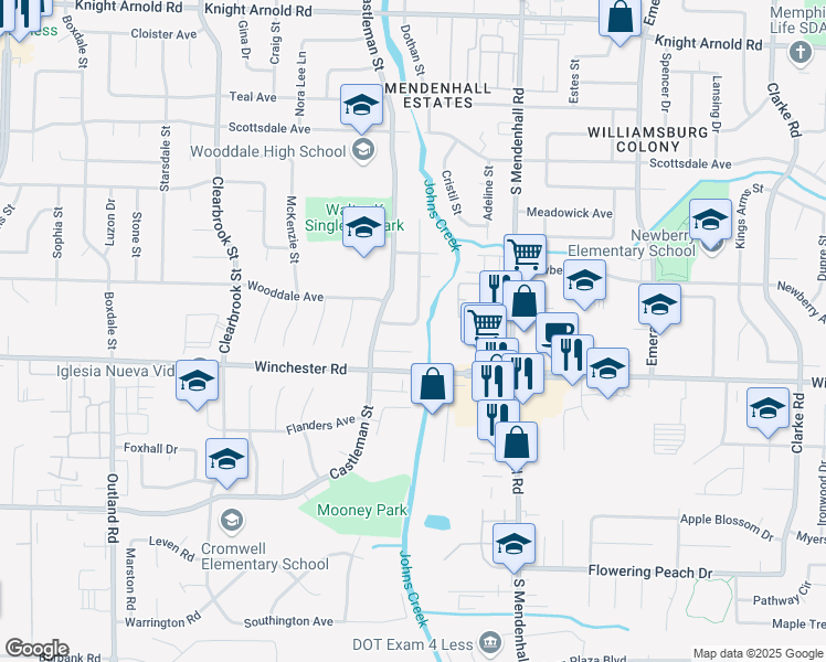 map of restaurants, bars, coffee shops, grocery stores, and more near 5207 Bucksport Lane in Memphis