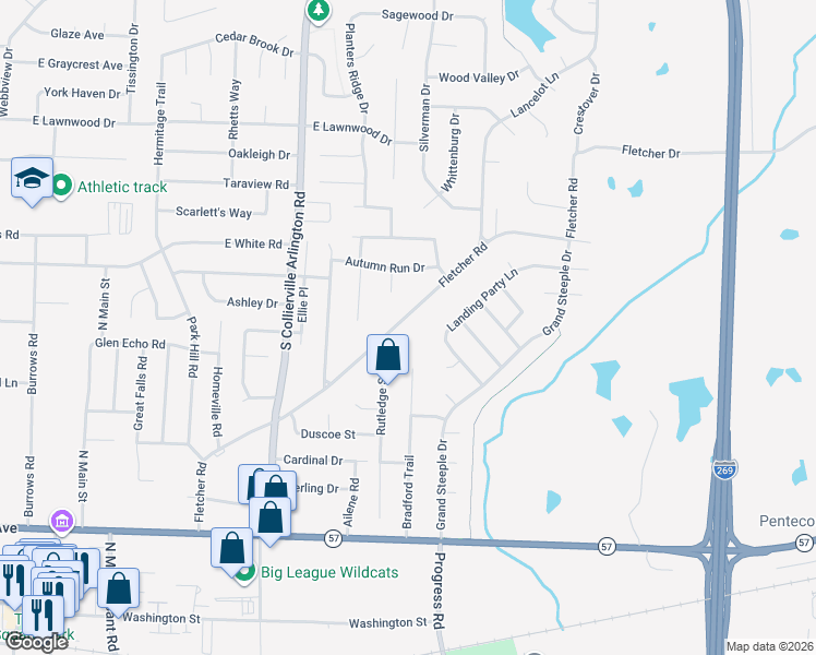 map of restaurants, bars, coffee shops, grocery stores, and more near 521 Fletcher Road in Collierville