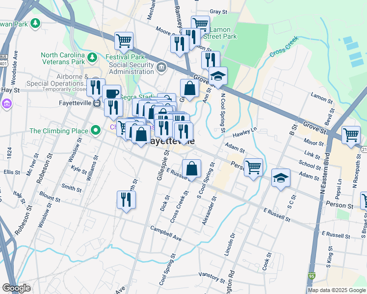 map of restaurants, bars, coffee shops, grocery stores, and more near 116 Person Street in Fayetteville