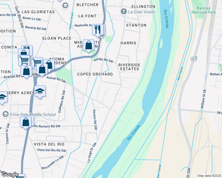 map of restaurants, bars, coffee shops, grocery stores, and more near 1200 Rosie Court Southwest in Albuquerque