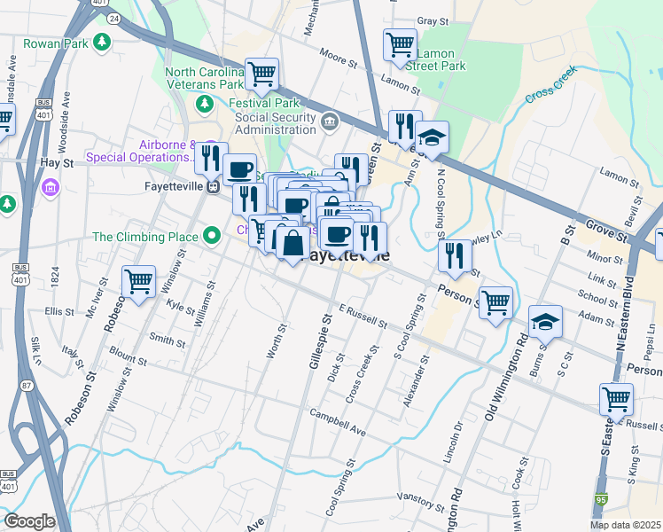 map of restaurants, bars, coffee shops, grocery stores, and more near 122 Franklin Street in Fayetteville