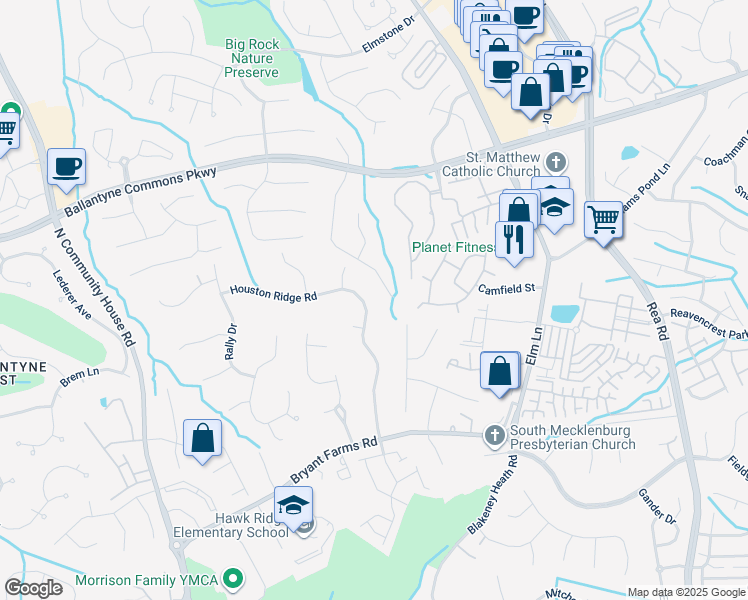 map of restaurants, bars, coffee shops, grocery stores, and more near 8529 Houston Ridge Road in Charlotte