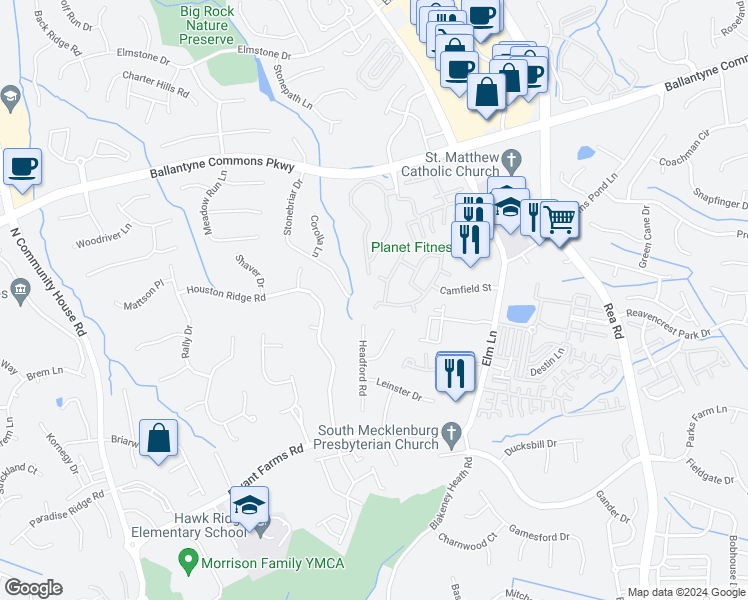 map of restaurants, bars, coffee shops, grocery stores, and more near 8508 Southgate Commons Drive in Charlotte
