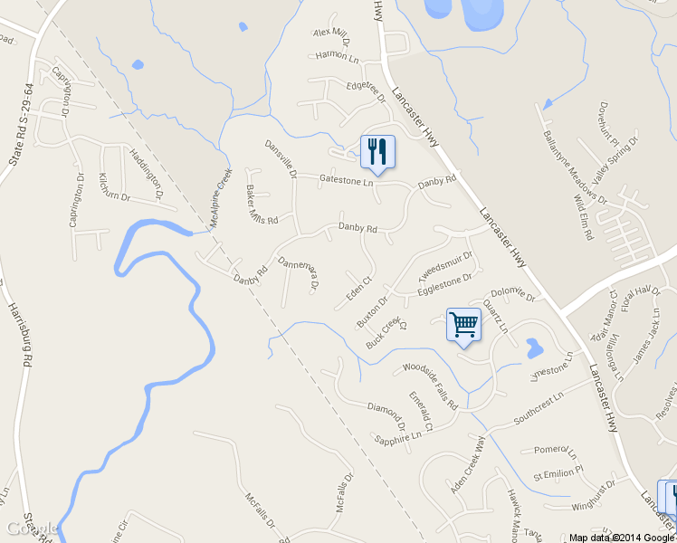 map of restaurants, bars, coffee shops, grocery stores, and more near 12319 Delcorte Lane in Pineville