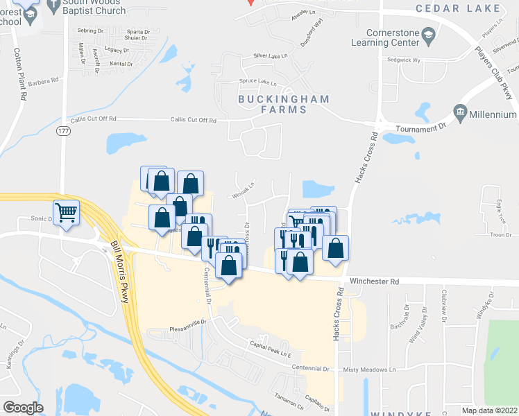 map of restaurants, bars, coffee shops, grocery stores, and more near 7879 Winchester Hills Street in Memphis