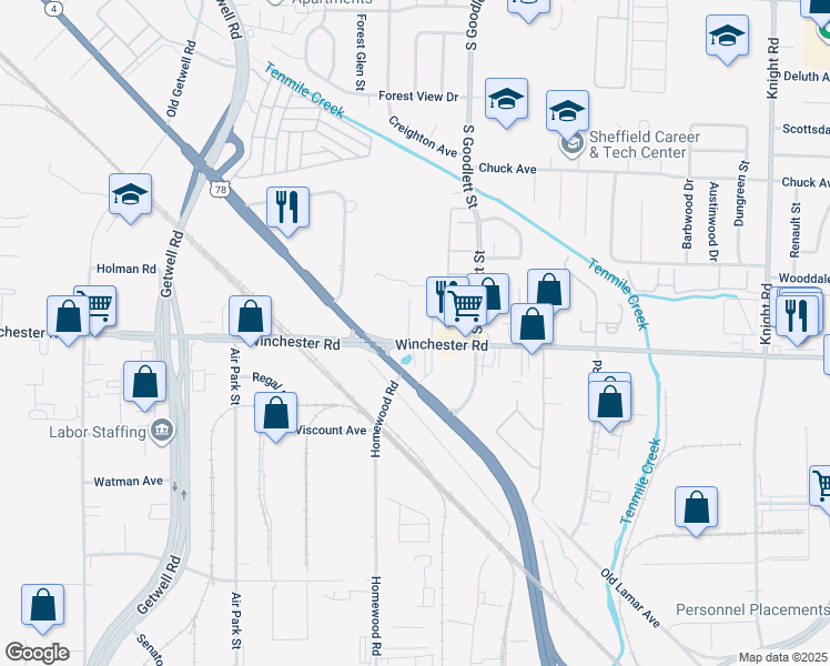 map of restaurants, bars, coffee shops, grocery stores, and more near 4180 Winchester Road in Memphis