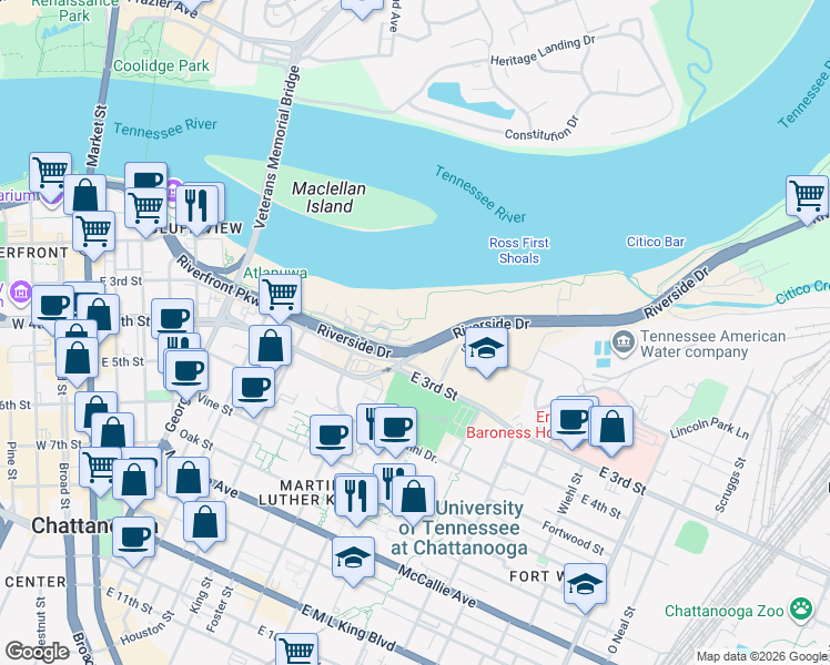 map of restaurants, bars, coffee shops, grocery stores, and more near 120 Douglas Street in Chattanooga