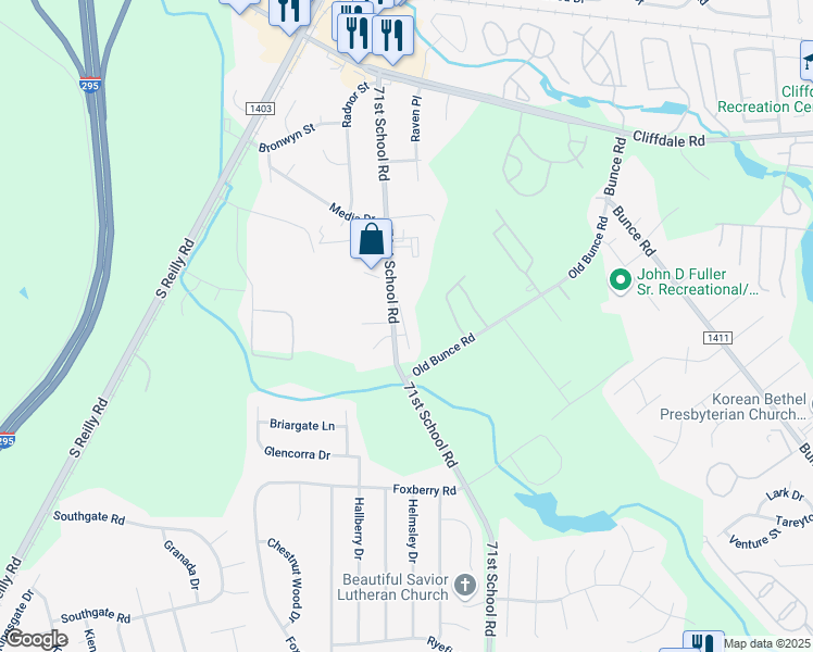map of restaurants, bars, coffee shops, grocery stores, and more near 1127 Capeharbor Court in Fayetteville