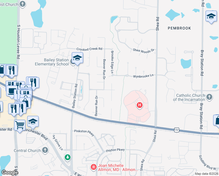 map of restaurants, bars, coffee shops, grocery stores, and more near 3555 Waterford Cove North in Collierville