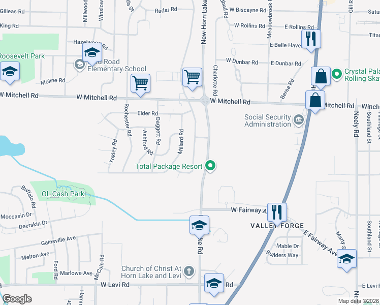 map of restaurants, bars, coffee shops, grocery stores, and more near 3543 West Horn Lake Road in Memphis