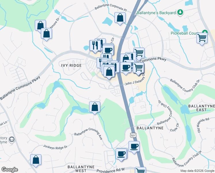 map of restaurants, bars, coffee shops, grocery stores, and more near 14840 John J Delaney Drive in Charlotte