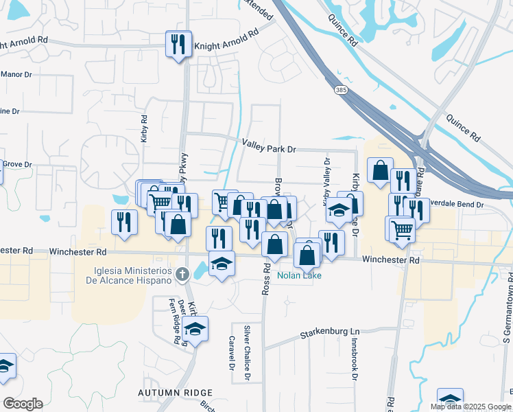 map of restaurants, bars, coffee shops, grocery stores, and more near 6698 North Regency Park Circle in Memphis