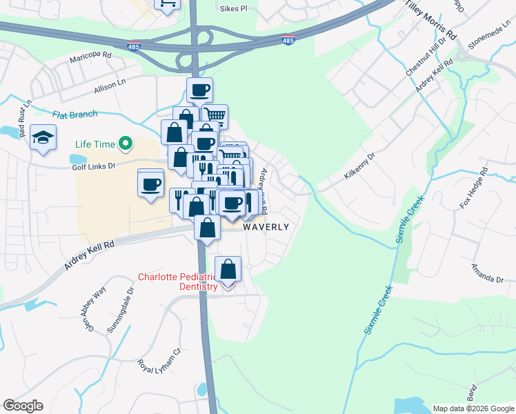 map of restaurants, bars, coffee shops, grocery stores, and more near 7314 Waverly Walk Avenue in Charlotte