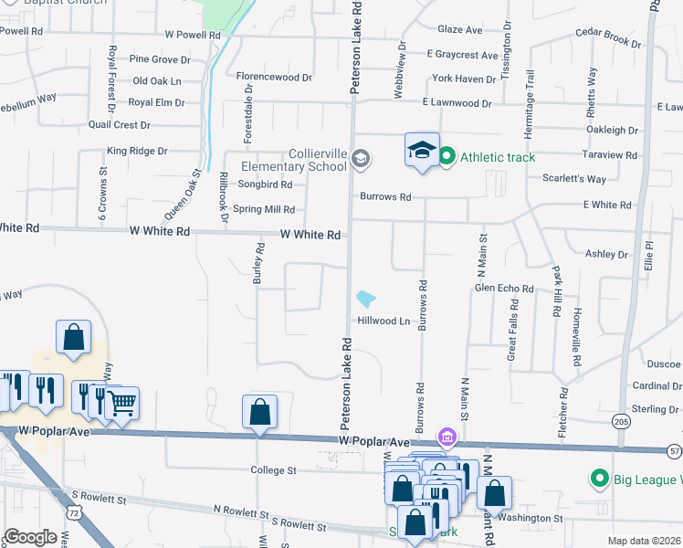 map of restaurants, bars, coffee shops, grocery stores, and more near 431 Peterson Lake Road in Collierville