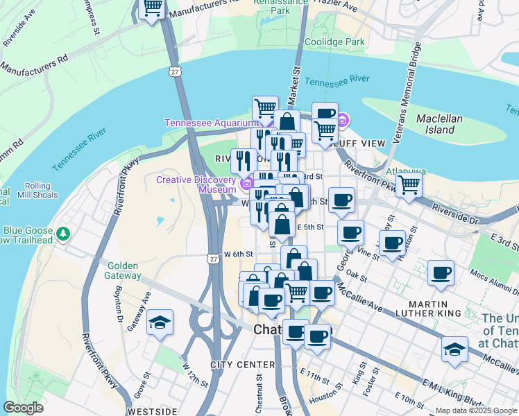 map of restaurants, bars, coffee shops, grocery stores, and more near 400 Chestnut Street in Chattanooga