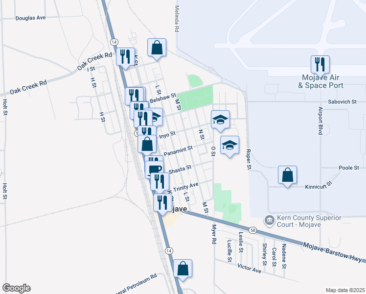 map of restaurants, bars, coffee shops, grocery stores, and more near 2125 Panamint St in Mojave