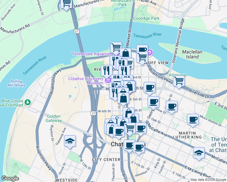 map of restaurants, bars, coffee shops, grocery stores, and more near 400 Chestnut Street in Chattanooga