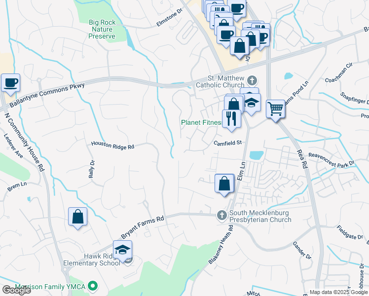map of restaurants, bars, coffee shops, grocery stores, and more near 8506 Southgate Commons Drive in Charlotte