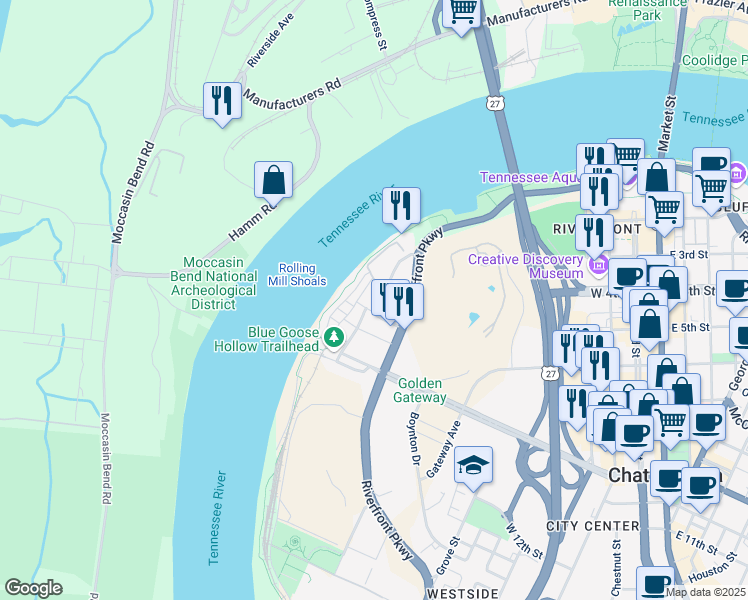 map of restaurants, bars, coffee shops, grocery stores, and more near 805 Canal Street in Chattanooga