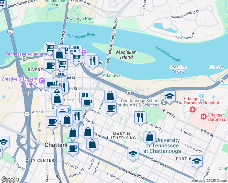 map of restaurants, bars, coffee shops, grocery stores, and more near 651 East 4th Street in Chattanooga