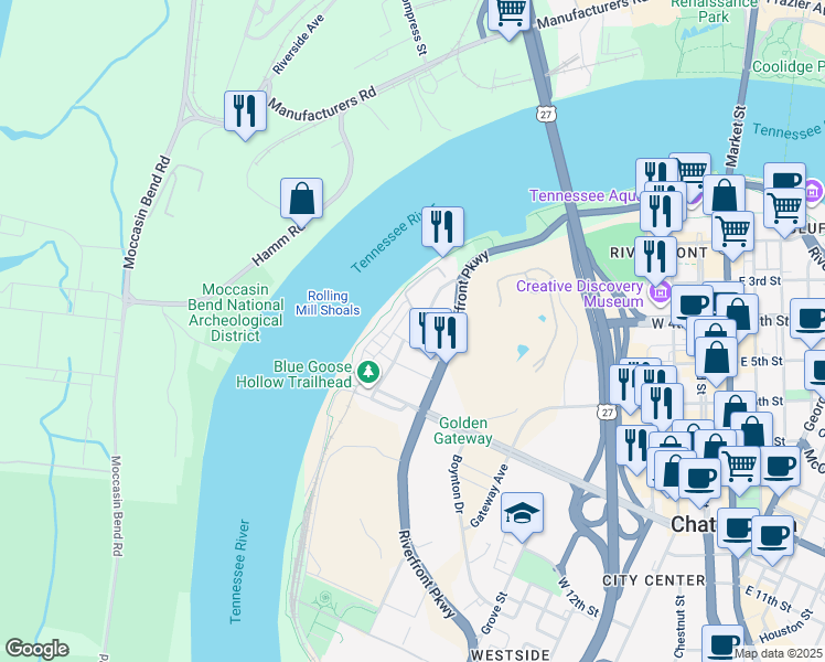 map of restaurants, bars, coffee shops, grocery stores, and more near 805 Canal Street in Chattanooga