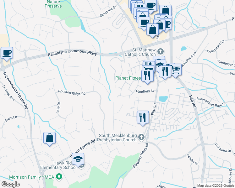 map of restaurants, bars, coffee shops, grocery stores, and more near 8506 Southgate Commons Drive in Charlotte