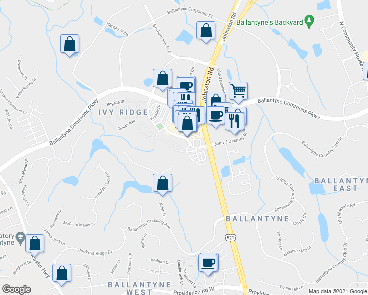 map of restaurants, bars, coffee shops, grocery stores, and more near 14840 John J Delaney Drive in Charlotte
