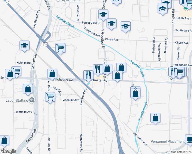 map of restaurants, bars, coffee shops, grocery stores, and more near 4202 Winchester Road in Memphis