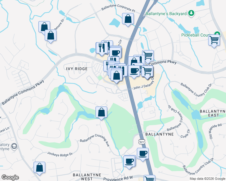 map of restaurants, bars, coffee shops, grocery stores, and more near 15051 Santa Lucia Drive in Charlotte