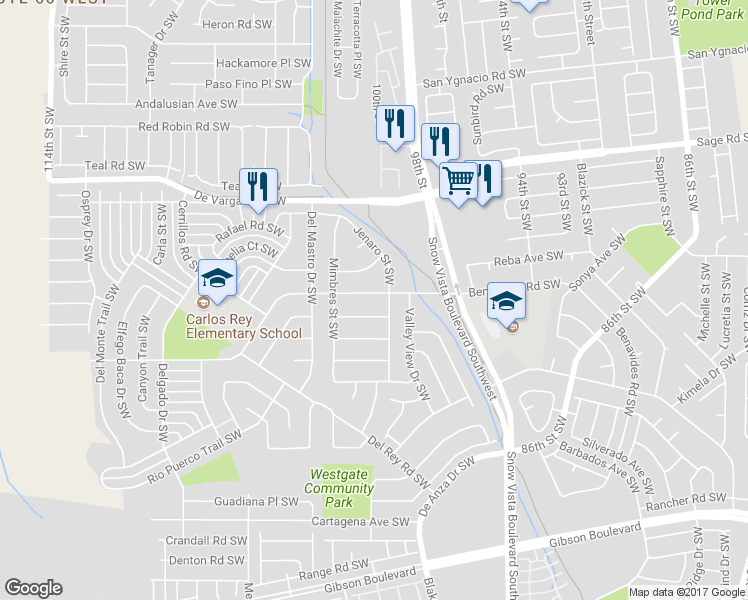 map of restaurants, bars, coffee shops, grocery stores, and more near 10008 Benavides Road Southwest in Albuquerque