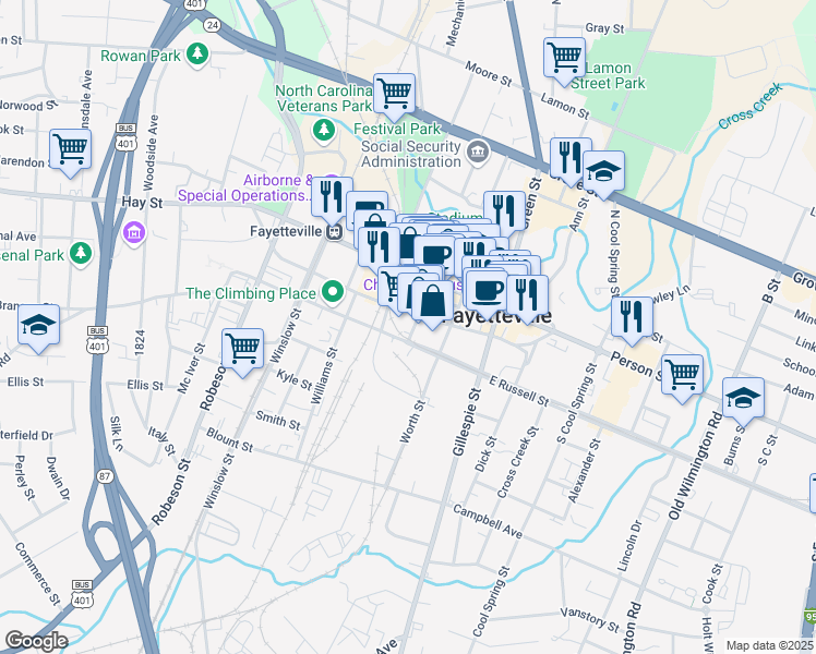 map of restaurants, bars, coffee shops, grocery stores, and more near 148 Maxwell Street in Fayetteville