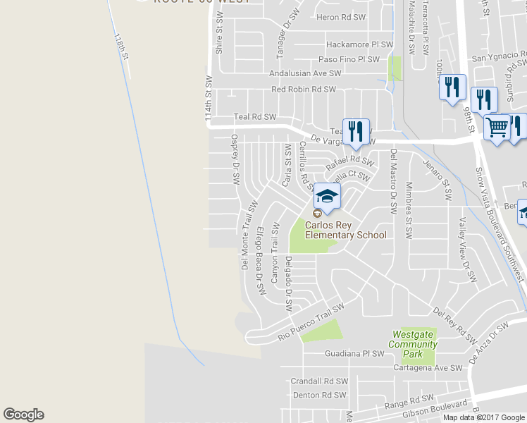 map of restaurants, bars, coffee shops, grocery stores, and more near 1307 Elfego Baca Drive Southwest in Albuquerque