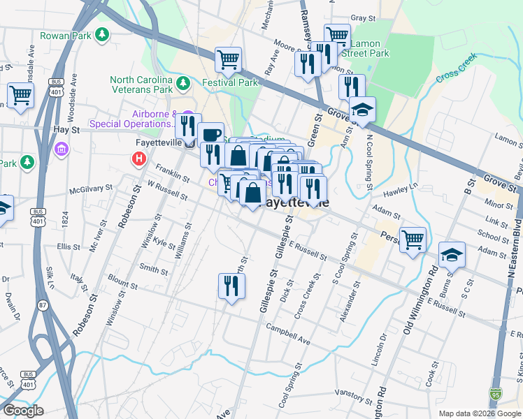 map of restaurants, bars, coffee shops, grocery stores, and more near 201 Franklin Street in Fayetteville