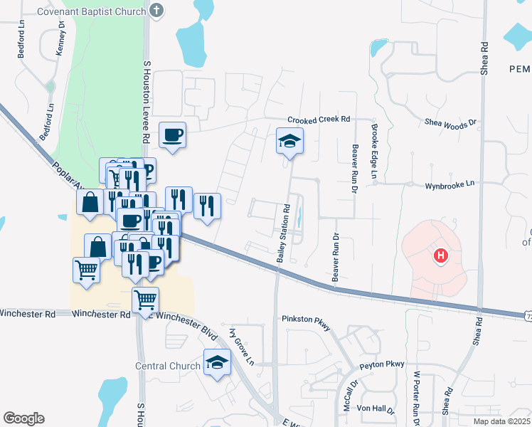 map of restaurants, bars, coffee shops, grocery stores, and more near 3506 Village Cross Lane in Collierville
