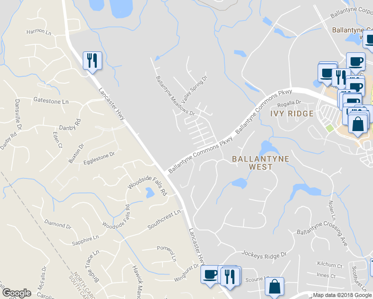 map of restaurants, bars, coffee shops, grocery stores, and more near 14357 Wynhollow Downs Lane in Charlotte