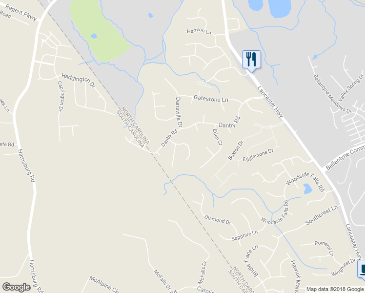 map of restaurants, bars, coffee shops, grocery stores, and more near 13834 Dannemara Drive in Pineville