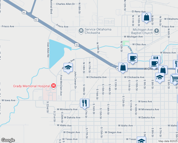 map of restaurants, bars, coffee shops, grocery stores, and more near 117 N 17th St in Chickasha