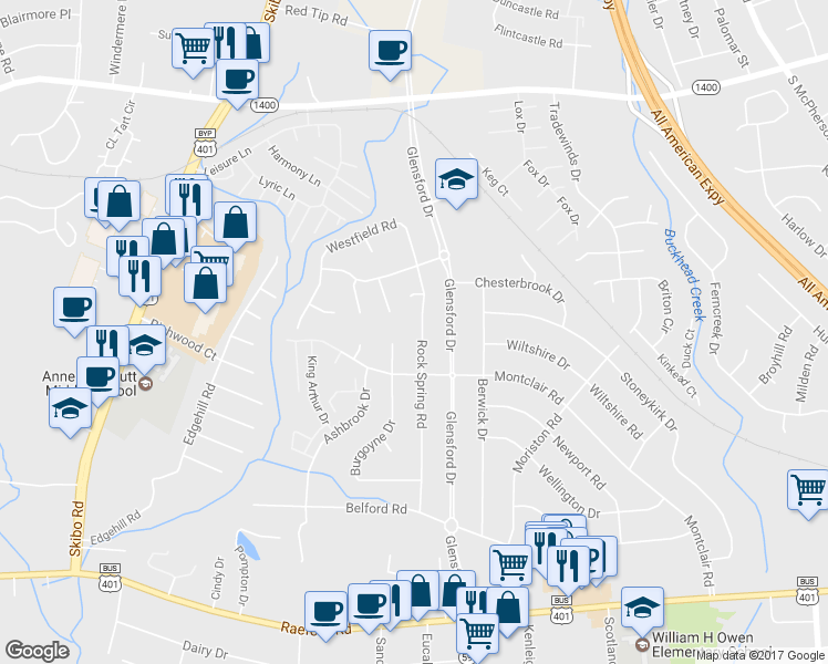 map of restaurants, bars, coffee shops, grocery stores, and more near 624 Rock Spring Rd in Fayetteville