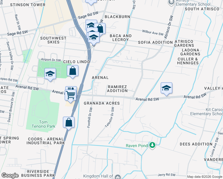 map of restaurants, bars, coffee shops, grocery stores, and more near 1709 Onate Place Southwest in Albuquerque