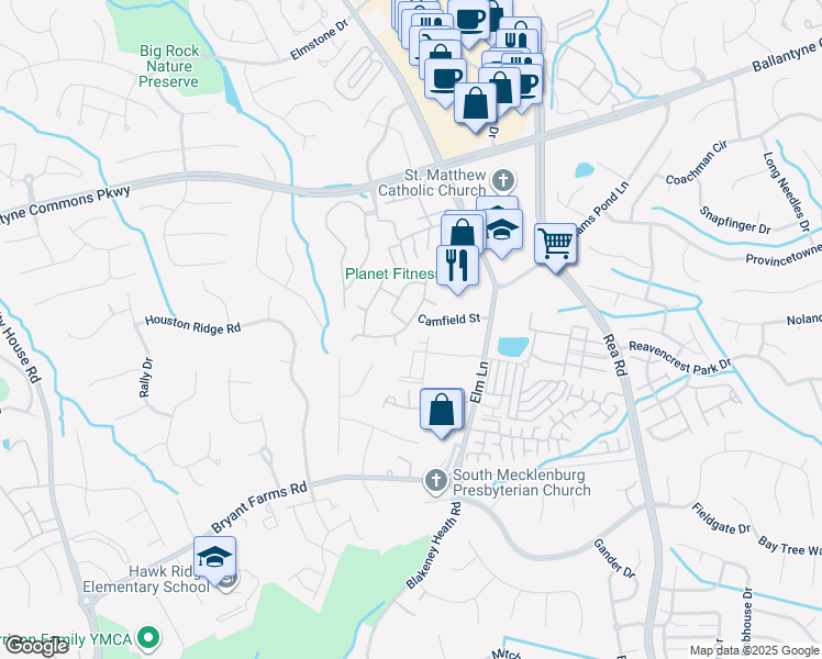map of restaurants, bars, coffee shops, grocery stores, and more near 8315 Southgate Commons Drive in Charlotte